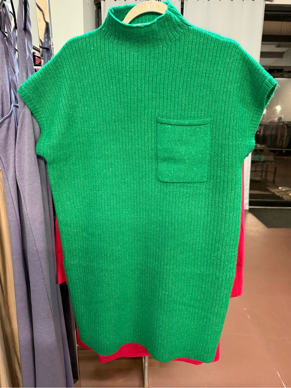 Zenana Outfitters Green Ribbed Sweater Dress with Pocket
